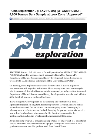 Puma Exploration (TSXV-PUMA) (OTCQB-PUMXF) 4,000 Tonnes Bulk Sample at Lynx Zone “Approved”