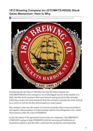 1812 Brewing Company Inc (OTCMKTS-KEGS) Stock Gains Momentum- Here is Why