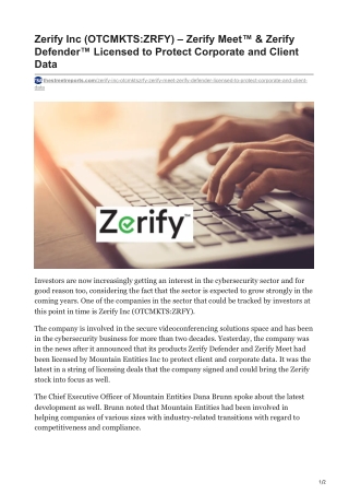 Zerify Inc OTCMKTSZRFY  Zerify Meet amp Zerify Defender Licensed to Protect Corporate and Client Data