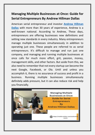 Managing Multiple Businesses at Once  Guide for Serial Entrepreneurs By Andrew Hillman Dallas