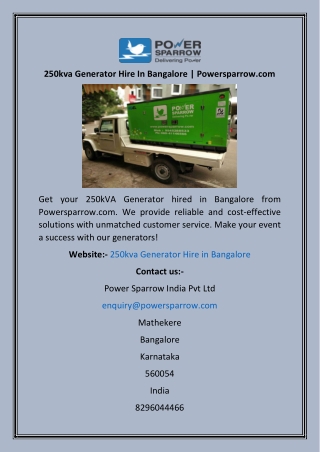250kva Generator Hire In Bangalore  Powersparrow