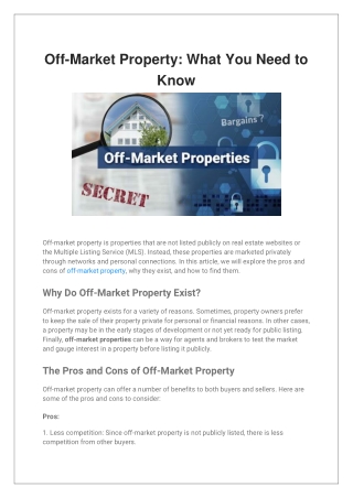 Off-Market Property What You Need to Know