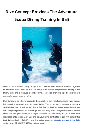 Dive Concept Provides The Adventure Scuba Diving Training In Bali