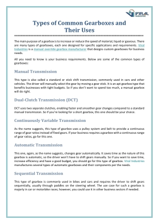 Types of Common Gearboxes and Their Uses