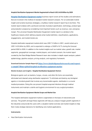 Hospital Sterilization Equipment Market Augmented to Reach US 14.03 Billion by 2029