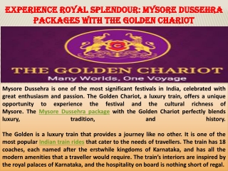 Experience Royal Splendour Mysore Dussehra Packages with the Golden Chariot