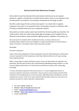 Electrical Control Panel Maintenance & Supply