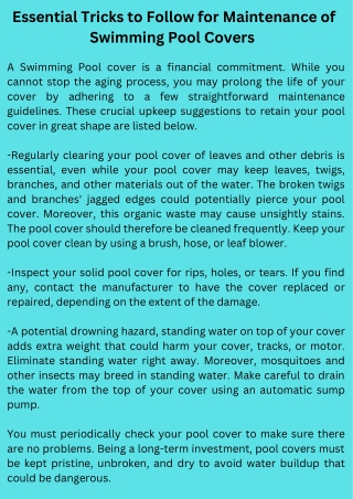 Essential Tricks to Follow for Maintenance of Swimming Pool Covers