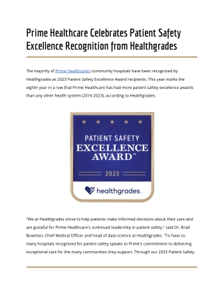 Prime Healthcare Celebrates Patient Safety Excellence Recognition from Healthgrades