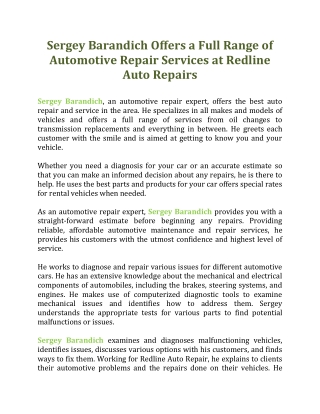 Sergey Barandich Offers a Full Range of Automotive Repair Services at Redline Auto Repairs