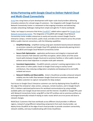 Arista Partnering with Google Cloud to Deliver Hybrid Cloud and Multi