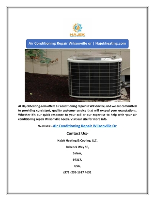 Air Conditioning Repair Wilsonville or | Hajekheating.com