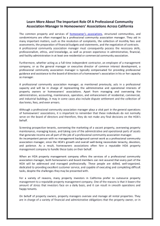 Learn More About The Important Role Of A Professional Community Association Manager In Homeowners’ Associations Across C