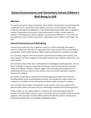 School Environments And Elementary School Children’s Well-Being In UAE