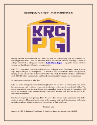 Exploring KRC PG in Jaipur – A Comprehensive Guide