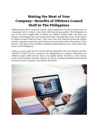 Making the Most of Your Company—Benefits of Offshore Leased Staff In The Philippines