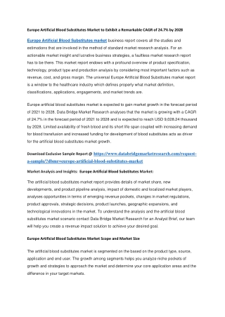 Europe Artificial Blood Substitutes Market to Exhibit a Remarkable CAGR of 24.7 by 2028