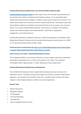 Inherited Retinal Diseases Market Share, Size, Demand & SWOT Analysis by 2029