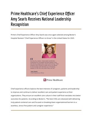 Prime Healthcare's Chief Experience Officer Amy Searls Receives National Leadership Recognition