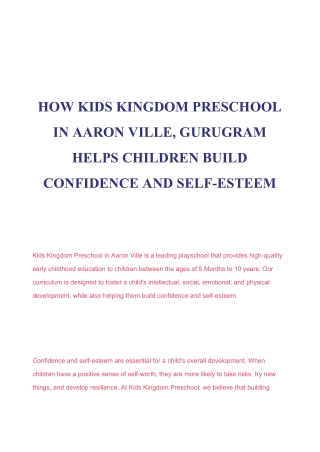 HOW KIDS KINGDOM PRESCHOOL IN AARON VILLE, GURUGRAM HELPS CHILDREN BUILD CONFIDENCE AND SELF-ESTEEM