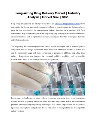 Long-Acting Drug Delivery Market | Industry Analysis | Market Size | 2035