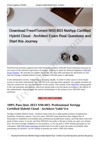 Download Free4Torrent NS0-603 NetApp Certified Hybrid Cloud - Architect Exam Real Questions and Start this Journey