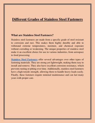 Different Grades of Stainless Steel Fasteners