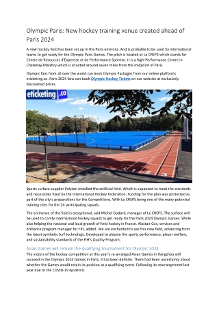 Olympic Paris New hockey training venue created ahead of Paris 2024