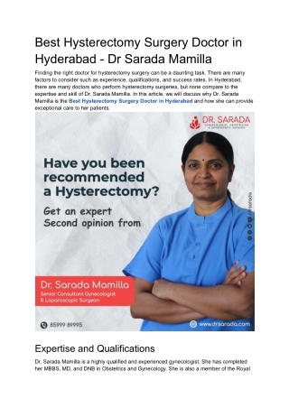 Best hysterectomy surgery doctor in Hyderabad - Dr Sarada Mamilla
