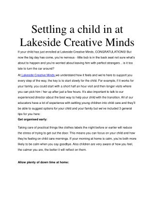 Settling a child in at Lakeside Creative Minds