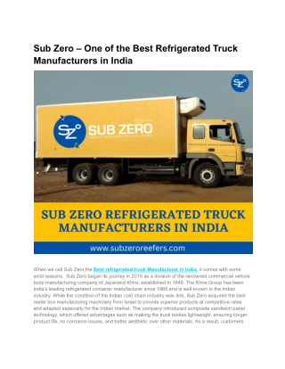 Sub Zero – One of the Best Refrigerated Truck Manufacturers in India