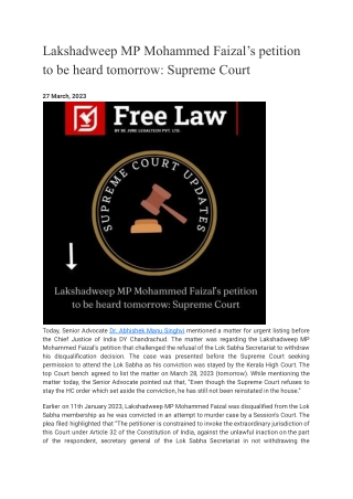 Lakshadweep MP Mohammed Faizal’s petition to be heard tomorrow_ Supreme Court