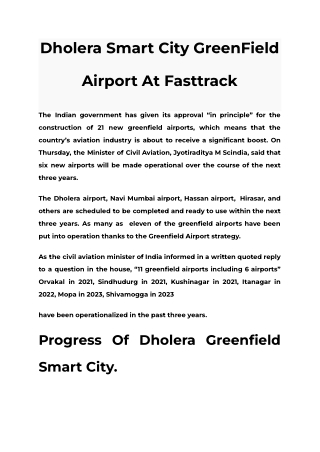 Dholera Smart City GreenField Airport At Fasttrack