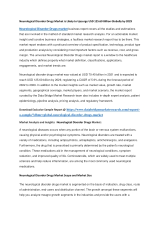 Neurological Disorder Drugs Market is Likely to Upsurge USD 125.60 Billion Globally by 2029