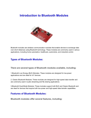 Exploring the World of Bluetooth Modules: Technology, Applications, and Adva