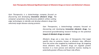 Gain Therapeutics Released Significant Impact of Allosteric Drugs on Cancer and Alzheimer’s Disease