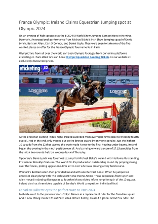 France Olympic Ireland Claims Equestrian Jumping spot at Olympic 2024