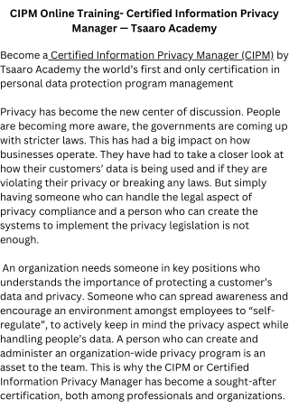 CIPM Online Training- Certified Information Privacy Manager — Tsaaro Academy