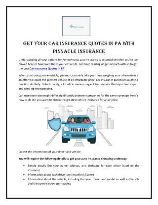 Get Your Car Insurance Quotes in PA with Pinnacle Insurance