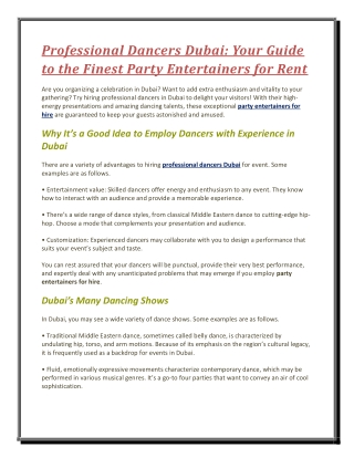 Professional Dancers Dubai: Your Guide to the Finest Party Entertainers for Rent