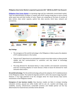 Philippines Data Center Market is expected to generate USD _ 600 Mn by 2027F