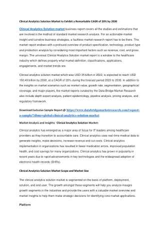 Clinical Analytics Solution Market to Exhibit a Remarkable CAGR of 20 by 2030