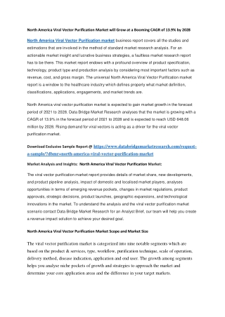 North America Viral Vector Purification Market will Grow at a Booming CAGR of 13.9 by 2028