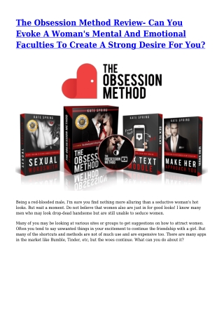 The Obsession Method Review- Can You Evoke A Woman's Mental And Emotional Faculties To Create A Strong Desire For You?