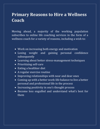 Primary Reasons to Hire a Wellness Coach