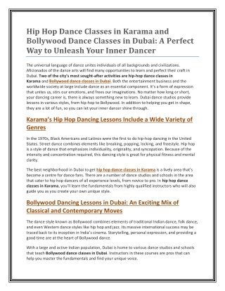 Hip Hop Dance Classes in Karama and Bollywood Dance Classes in Dubai: A Perfect