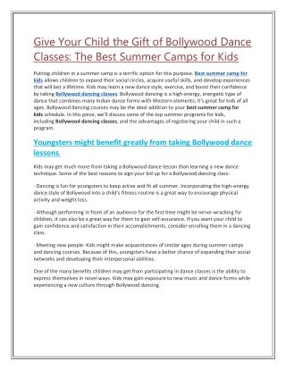 Give Your Child the Gift of Bollywood Dance Classes: The Best Summer Camps for K