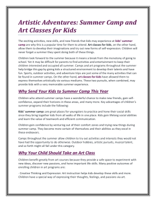 Artistic Adventures: Summer Camp and Art Classes for Kids