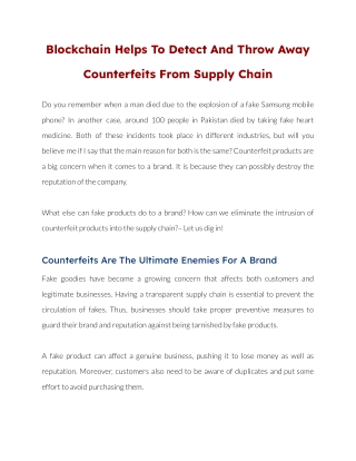 Blockchain Helps To Detect And Throw Away Counterfeits From Supply Chain