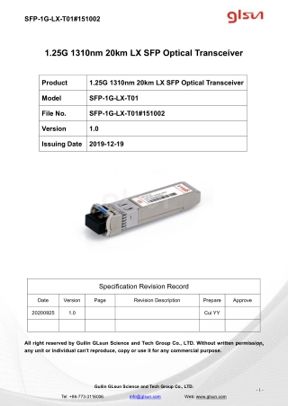 1.25G 1310nm 20km LX SFP Optical Transceiver